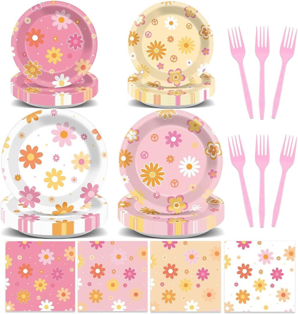 96Pcs Groovy Birthday Party Supplies Spring Hippie Daisy Flower Paper Plates Napkins Retro Boho Dessert Tableware Set Hippie Favor Dinnerware for Baby Shower 60's70's Birthday Party Decoration Serve24