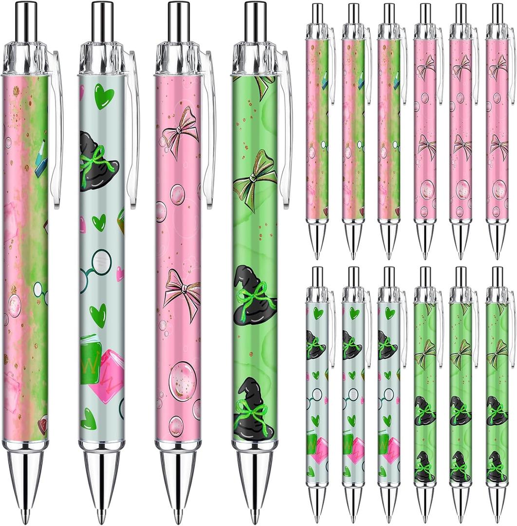 24 Pcs Witch Pens Bulk Princess and Witch Party Favors Pink and Green Gift Pens Set for Movie Musical Lover Friendship Matching Birthday Halloween Party Favors
