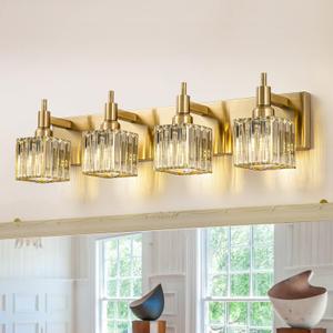 Gold Bathroom Vanity Lights, 4 Lights Crystal Bathroom Lighting Fixtures Over Mirror Modern Gold Crystal Bathroom Wall Light (Gold-Square Shade)