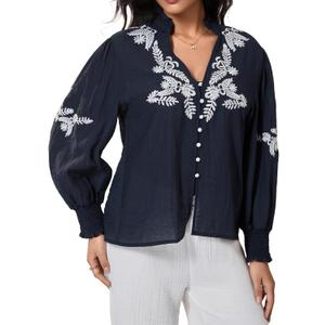 Milumia Women's Floral Embroidery Puff Long Sleeve Blouse Boho Button Front V Neck Shirt Tops (L)
