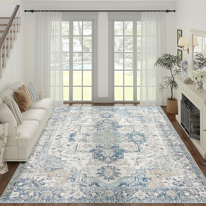 jinchan Area Rug 8x10 Washable Living Room Rug Vintage Indoor Large Floor Cover Distressed Lightweight Non-Slip Low Pile Thin Mat Accent Stain Resistant Carpet for Bedroom Dining Room Office Blue