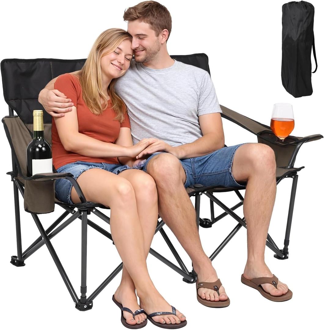 Double Folding Loveseat Camp Chair for Adults - 46.5 in Low-Profile Outdoor Camping Couch with Cup Holders, Two People Heavy Duty Folding Couch, Portable Loveseat for Camping, Patio, Lawn, and Picnic