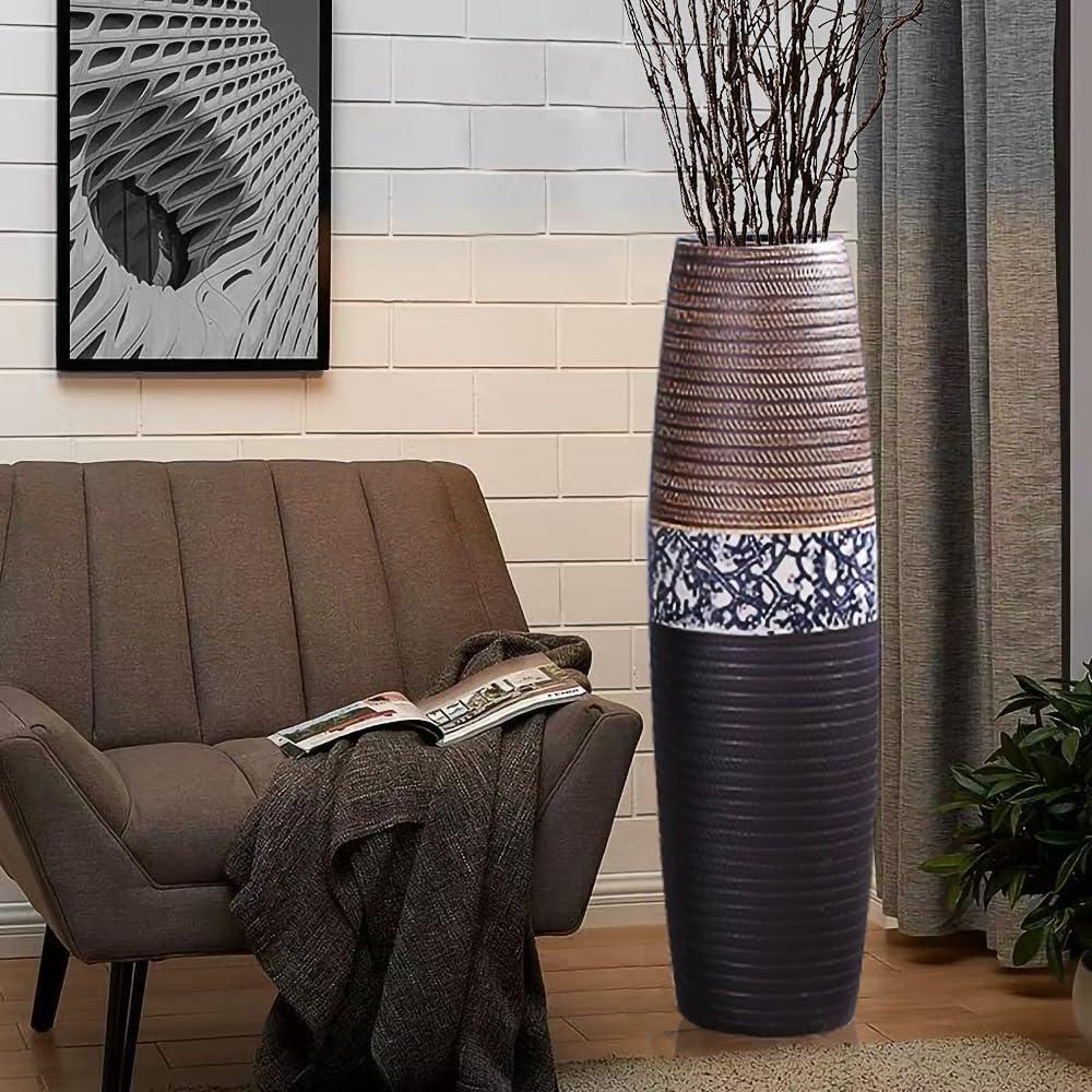 Tall Black Floor Vase 32 inches, Handmade Large Ceramic Vases for Home Decor Living Room, Boho Textured Decorative Wide Mouth Opening Corner Vase for Pampas Grass Hallway (Dark Stripe Style)