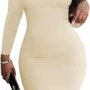 HTD Women's Sexy Bodycon Dress Long Sleeve Club Party Casual Midi Pencil Dresses, L