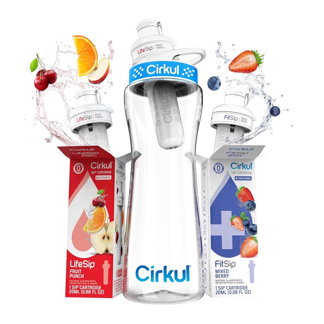 Cirkul 22Oz. BPA-Free Plastic Water Bottle Starter Kit with Blue Lid, 2 Flavor Cartridges (1 LifeSip Fruit Punch, 1 FitSip Mixed Berry) No Sugar, Zero Calorie Drink Mix