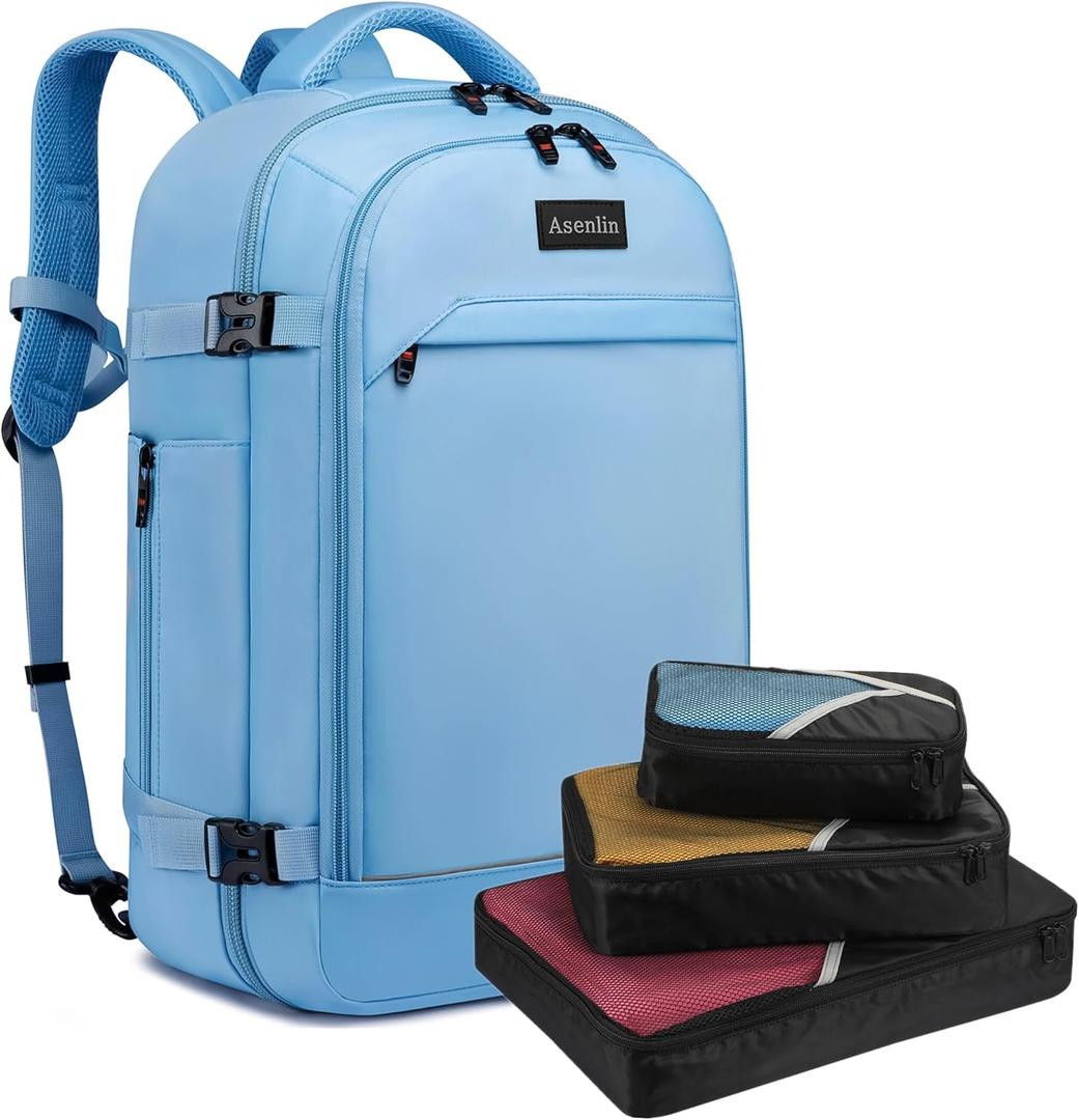 Asenlin 40L Travel Backpack for Women Men17 Inch Laptop Backpack Flight Approved Luggage Carry On Water Resistant for Weekender Overnight Large Daypack Light Blue (N-bluebackpack With 3 Packing Cubes)