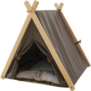 Solid Wood Cat Indoor Tent with Thick Mat,Portable Dog House Dog Teepee Tent,Cute Cat Teepee Cave Cat Bed,Dog Bed (Grey)