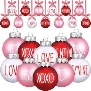 Vinsot 24 Pcs Valentines Day Ball Ornaments Pink Red White Ornaments 2.36 Inch Plastic Tree Decorations Kiss Be Mine Love Hanging Decorations Valentines Decor for Tree Home Wreath Party Decor