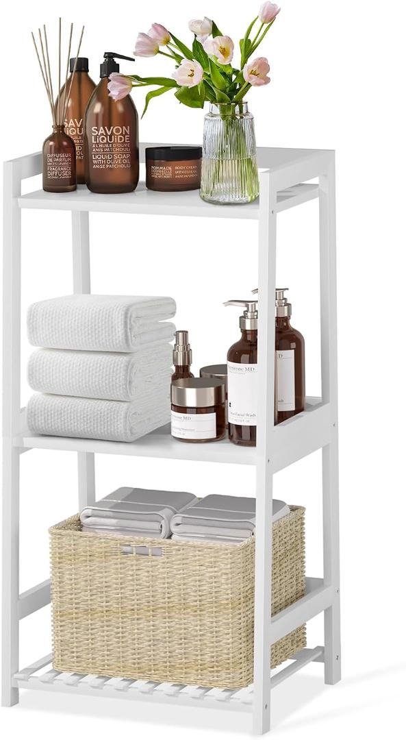 POXAKA 3 Tier Bamboo Bathroom Shelves, Ladder Shelf for Storage, Rustic Home Organizer, Space-Saving Design, Stylish Display Nightstand, Stylish Storage Solution for Home, Living Room, Kitchen (Without drawers, Fashion White)