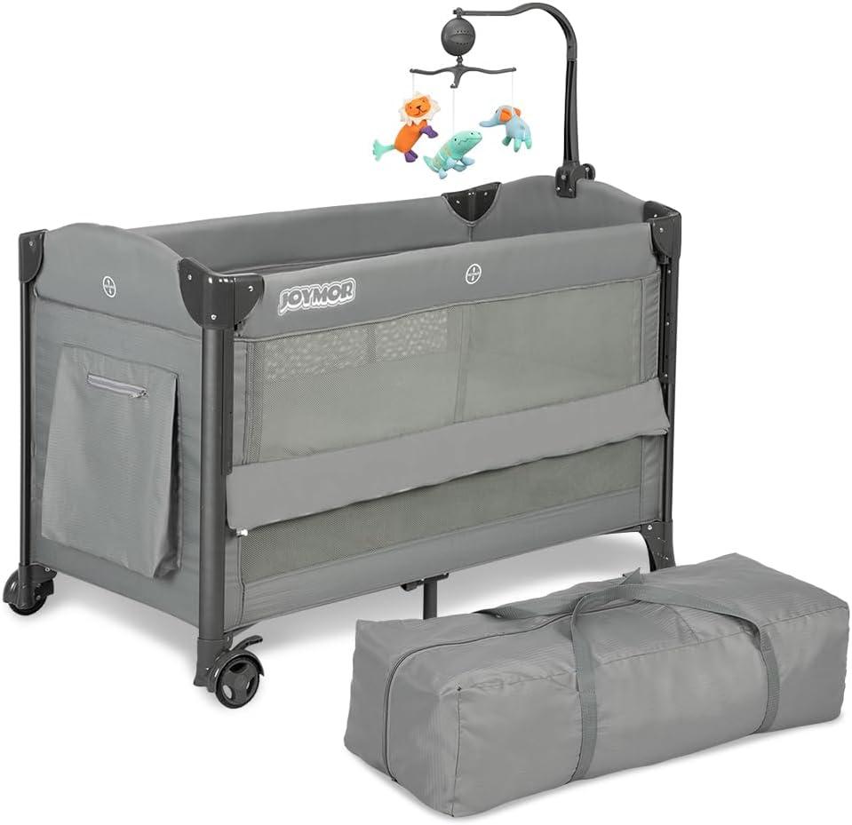 JOYMOR Baby Bassinet, Pack and Play with Bassinet and Carry Bag, Convert to Bedside Sleeper with Wheels for Boys Girls (Gray)