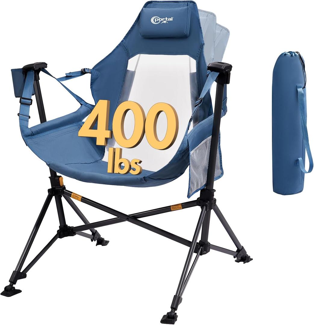 Portal Hammock Camping Chair, Portable Outdoor Swinging Chairs with Adjustable Back and Height for Lawn, Backyard, Patio, Supports 400 lbs, Breathable Mesh High Back, Blue