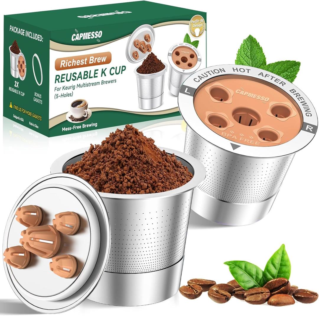 CAPMESSO Reusable K Cups for Keurig: 2025 Updated My K Cup Stainless Steel Coffee Filter Refillable Coffee Pods for K Supreme/K Slim/k-Duo Gen 2/K-Brew Chill with Multistream Technology (2 Pack)