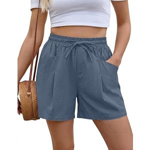 Linen Shorts Women Casual Wide Leg High Waisted Summer Outfits Comfy Elastic Waist Beach Shorts with Pockets, Denium Blue Large