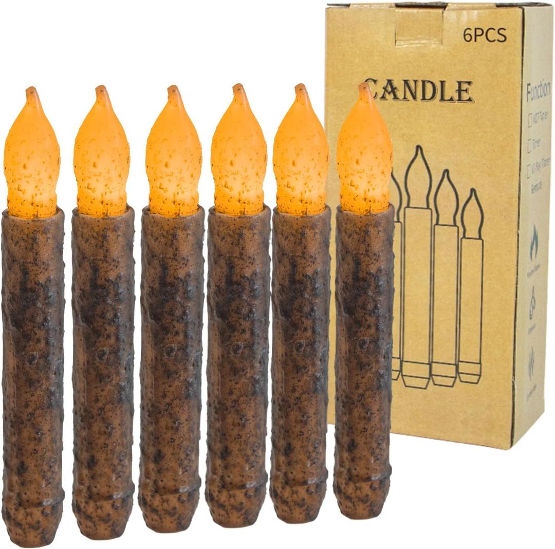 6PCS Primitive Taper Candle Real Wax Hand Dipped Rustic Flameless Candles Battery Operated for Halloween Christmas Country Home Decor Church