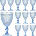 Vintage Wine Glasses Set of 12, 10 oz Glass Goblets Wine Glassware, Romantic Wedding Glass Set, Embossed Drinking Stemware Beverage Cups for Wedding Party Bar, Blue