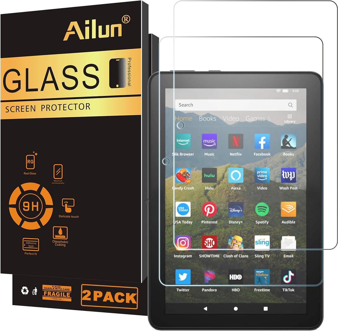 Ailun Screen Protector for Amazon Kindle Fire HD 8/ 8 Plus/ Kids [8 inch] 2022&2020 Released - 0.33mm Tempered Glass, Ultra Clear, Anti-Scratch, Case Friendly