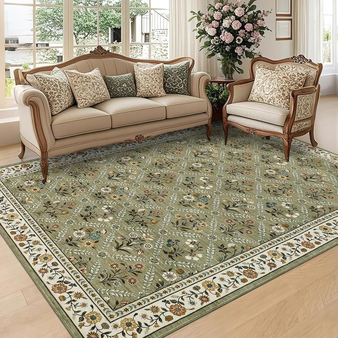 GarveeHome 8x10 Washable Large Living Room Rug Water Resistant Distressed Vintage Floral Rug Non Slip Low Pile Soft for Bedroom Farmhouse Dining Room Kids Playroom Nursery Green