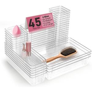 Clear Plastic Drawer Organizers Set of 45 Vanity Organizers Stackable Storage Bins Dividers Bathroom Organizers Storage Vanity Organizer Bins for Makeup, Kitchen Utensils, Jewelries, Office (S45(3-6-12-24))