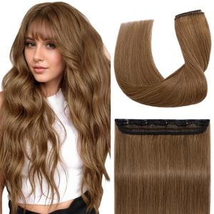 S-noilite One Piece Clip in Human Hair Extensions 5 Clips 3/4 Full Head Clip on Remy Hair Extension For Women Lighter One-Piece Design Adding Hair Volume 16Inch 45g Light Brown