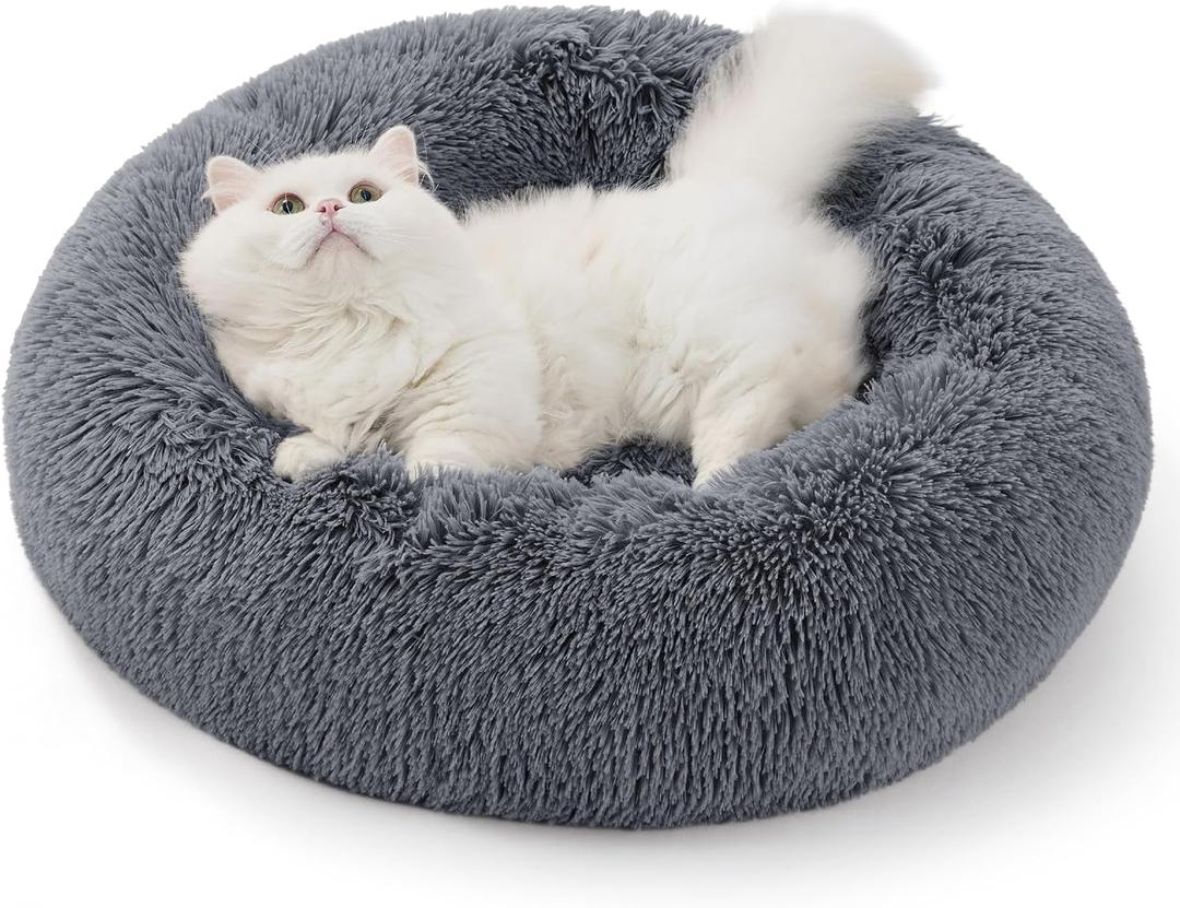 Bedsure Calming Donut Cat Bed - Fluffy Plush Round Pet Bed for Kitten & Puppy, Washable Anti-Anxiety Soft Comfy Cuddler, 20x20 Inches, Grey (Basic Version)