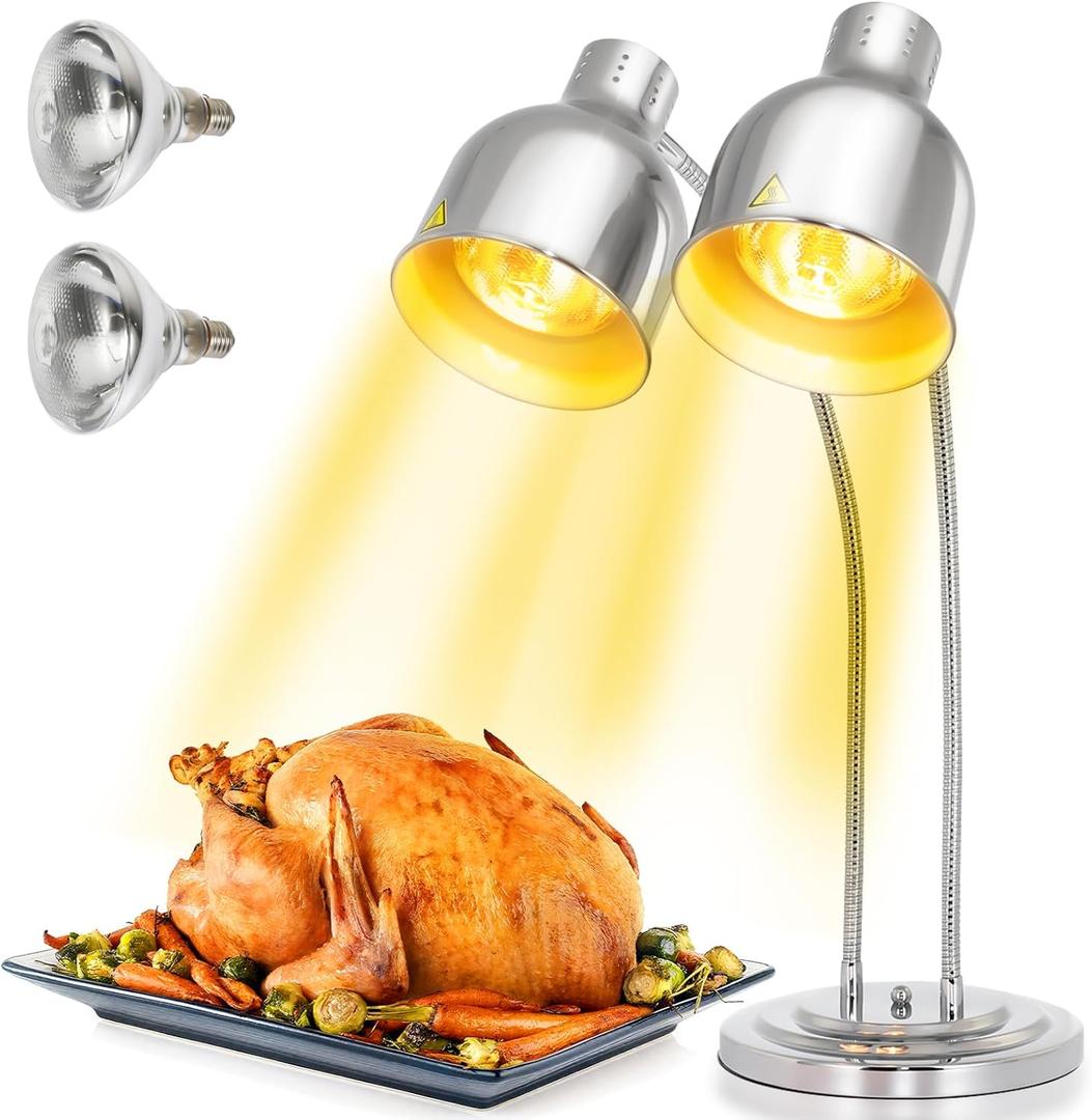WICHEMI Food Heat Lamp, 500W Commercial Heat Lamp for Food, 2-Head Adjustable Food Warmer Lamp Stainless Steel Portable Electric Buffet Warmer for Parties Restaurant Catering Buffet Kitchen, Silver