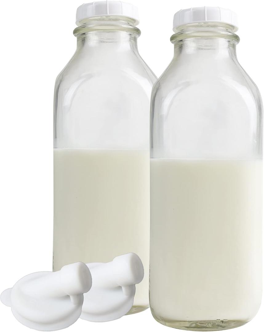 The Dairy Shoppe 1 Ltr. (33.8 oz.) Glass Milk Bottle Vintage Style with Cap & NEW Silicone Pour Spouts! (2 Pack)
