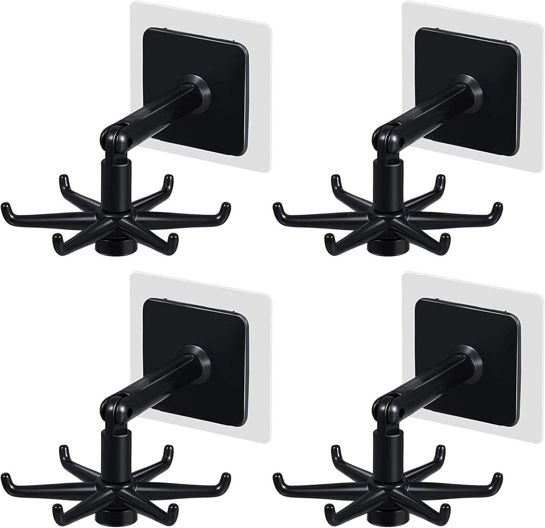 Hanging Utensil Holder Hooks Kitchen Utensil Hanger Wall Mount 360 Degrees Rotating Folding Hook Self Adhesive Hook Utensil Rack with 6 Hooks for Kitchen Bathroom Cabinet (4 Black)