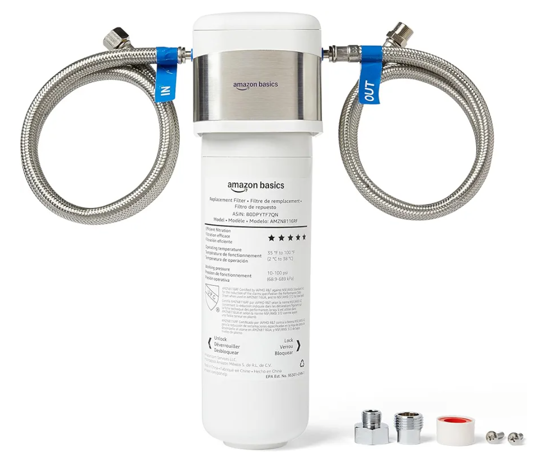 Amazon Basics Under Sink Water Filter System, NSF/ANSI 42 & 372 Certified, Service Life 1 Year, 11,000 Gallons, White