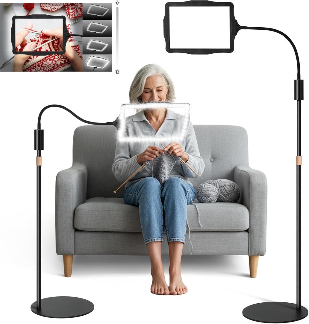 Hands-Free Floor Magnifying Glass with Light and Stand 48-LEDs Lighted Magnifying Lamp with 360° Flexible Gooseneck for Reading Close Work Repair Crafts