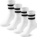 BONANGEL BONNAGEL Kids Athletic Crew Socks Boys Girls White Black Dress Socks Cotton School Uniform Socks 4Pairs, 6-8 Years, Whitestripe