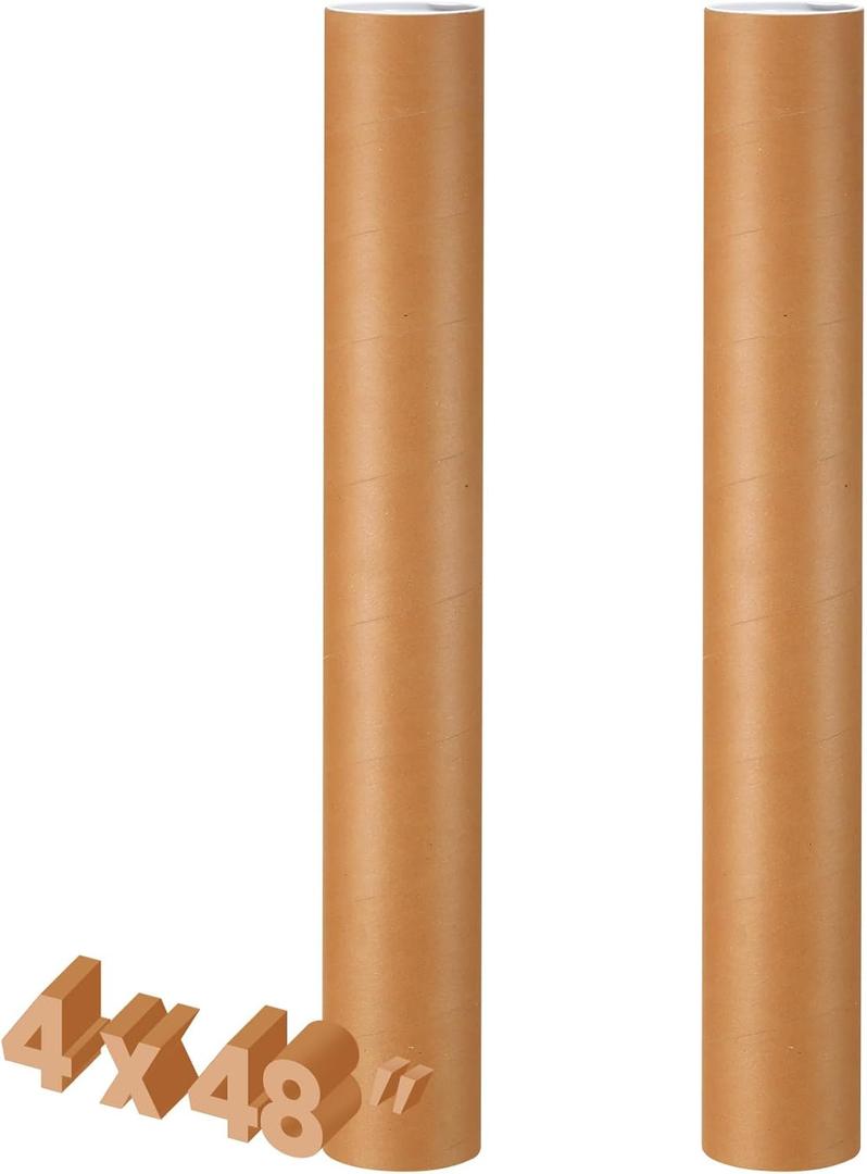 2 Pack 4 x 48 Inch Mailing Tubes 0.12" Thick Kraft Paper Poster Tube with Plastic Caps for Mailing Storing Rolled Goods Storage of Art Craft Document