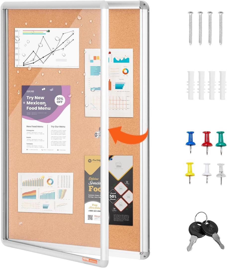 VEVOR 36"x24" Enclosed Cork Board with Aluminum Frame Lockable Bulletin Board with Acrylic Door & 2 Keys Weather-Resistant Wall Display Case for School, Home, Office