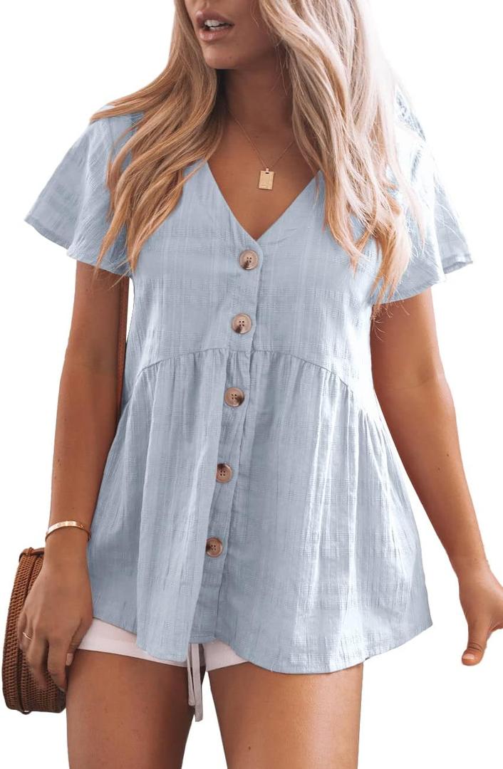 JayGate Womens Short Sleeve V Neck Blouse Button Down Shirt Loose Casual Ruffle Hem Babydoll Peplum Tops (Small, Blue)