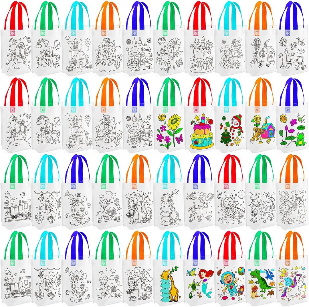 BBTO 100 Pcs Coloring Goodie Bags Cute Cartoon Reusable Party Favor Paint Non Woven Goodie Bags for Kids Birthday Party Art DIY Crafts Supplies, 20 Styles