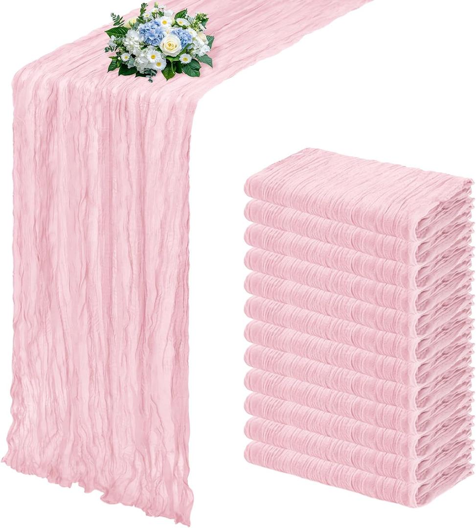 12 Pack Light Pink Cheesecloth Table Runner 17x108 Inch Semi Sheer Boho Gauze Cheese Cloth Fabric Table Runners, for Wedding Party Baby Shower Birthday Home Decor Garden Farmhouse