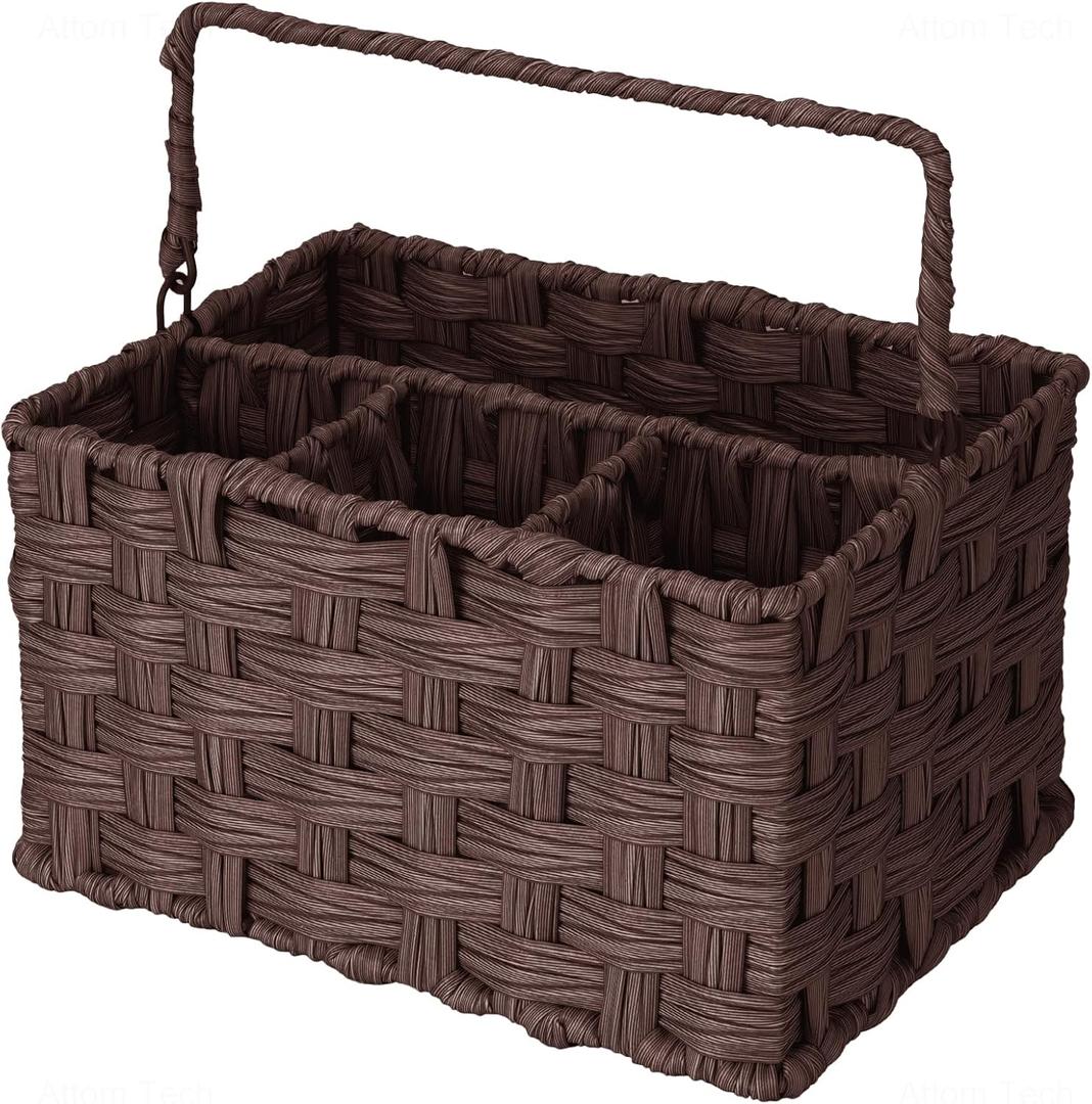 NiHome Wicker Flatware Basket with Four Compartments, Handwoven Imitation Rattan Utensil Organizer with Durable Metal Wire Frame, Portable Handle for Kitchen, Dining, Outdoor Events, Office (Brown)