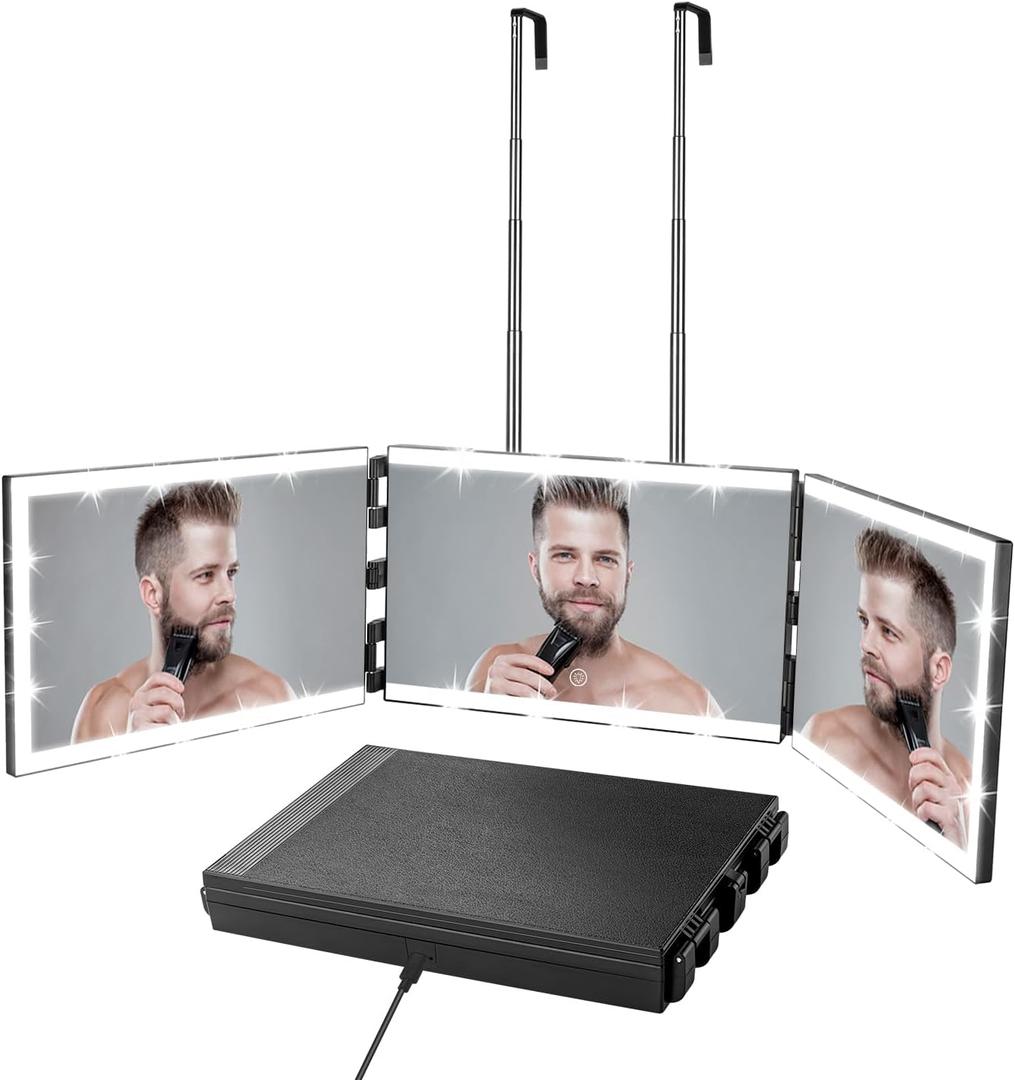 Vanexiss Rechargeable 3 Way Mirror for Self Hair Cutting-to See Back of Head, Trifold Mirror with 8 Light Strips & Telescoping Hooks for Makeup, Shaving & Styling
