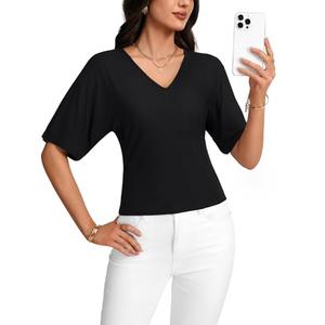 LYANER Women's Batwing Sleeve V Neck Slim Fit Elegant Blouse Top Shirt Black Large