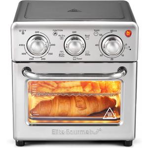 Elite Gourmet Compact 8.5Qt Air Fryer Oven Mini Countertop Air Fryer with Adjustable Time & Temperature Controls, 800W, Includes Air Fry Basket, Bake Pan & Recipes, Stainless Steel, 8.5 Quart
