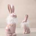 RM ROOMERS Easter 2PCS Bunny Figurine Decor Pink and White Ceramic Rabbit Statues with Fluff on Neck Plush Easter Porcelain Decoration for Home Tabletop Farmhouse Wedding Spring Gifts