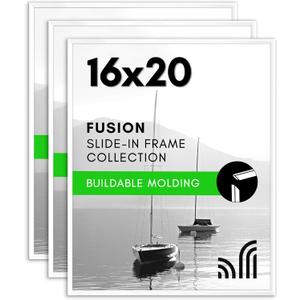Americanflat 16x20 Picture Frame with Polished Front Cover - Set of 3 - Slide-In Photo Frame with Buildable Molding - Fusion Collection - Picture Frames for Wall Display - White