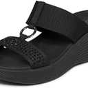 Skechers Women's PARALLEL LITE - VIRAL QUEEN, Rhinestone Knit O-Ring Slide Sandal with Luxe Foam Cushioning, Black/ Black, 5.5M