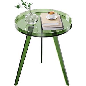 Clear Acrylic Side Table, Round End Table Nightstand Bedside Table Small Circle with Tray for Living Room Bedroom Office Small Space (Green)