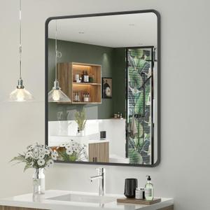 OKPAL 28X32 Inch Black Bathroom Mirror, Bathroom Vanity Mirror for Wall, Black Rectangle Mirror, Round Corner, Rustproof, HD Glass(Horizontal/Vertical)