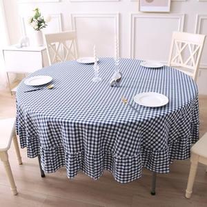 K MASANIJI 100% Cotton Navy Blue Plaid Ruffled Table Cloth Round Cover, Dia.70 in Farmhouse Checker Gingham Vintage Decorative Tablecloth (Navy Blue/White Plaid, Dia.70 inches)