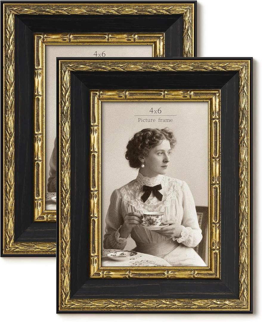 Vintage 4x6 Picture Frame, Ornate Antique Gold 4x6 Frame with Tempered Real Glass, Display 4 x 6 Photo for Tabletop or Wall mount, Retro Home Decor (Black/Gold, 2 Pack)