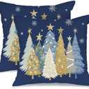 AACORS Christmas Pillow Covers 15X15 Set of 2,Watercolor Christmas Tree Stars Decoration Holiday Farmhouse Winter Pillow Case for Sofa Couch Decor（Blue） AA608-18-2