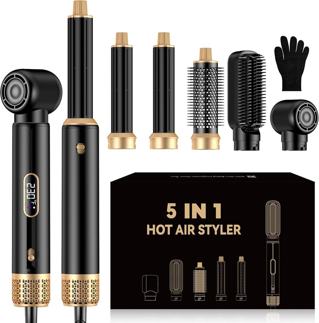 5 in ONE Blow Dryer Brush with LCD Display, Upgrade Hair Dryer Brush Air Curling Wrap Styler, Ionic Round Brush Blow Dryer for Women, Hot Air Brush Hair Styling Tools 100-120V (Black)