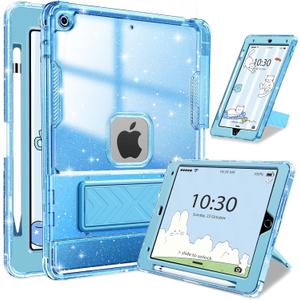 INFILAND Case for iPad 9th/8th/7th Generation 2021/2020/2019 10.2 inch Glitter Clear, Shockproof Protective Cute iPad 7/8/9 Gen Cover with Stand, Pencil Holder for Kids, Girls, Women (Blue)
