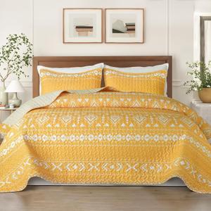 Whale Flotilla King Size Quilt Set - Reversible Yellow Quilt King Size with 2 Pillow Shams, Lightweight Boho Striped Oversized Bedspreads Coverlet Bedding Set for All Seasons